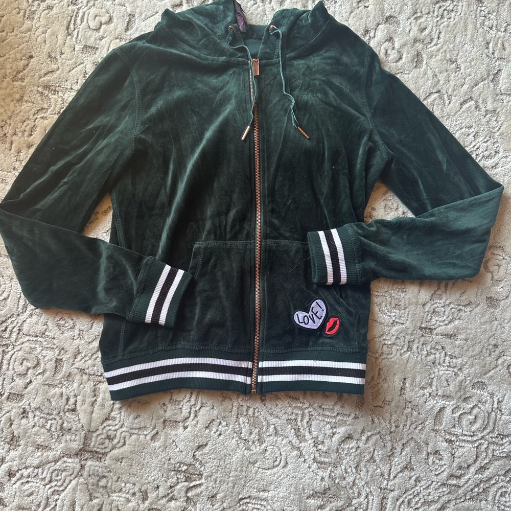 Betsey Johnson Green Velvet Bomber Jacket with Heart Patch